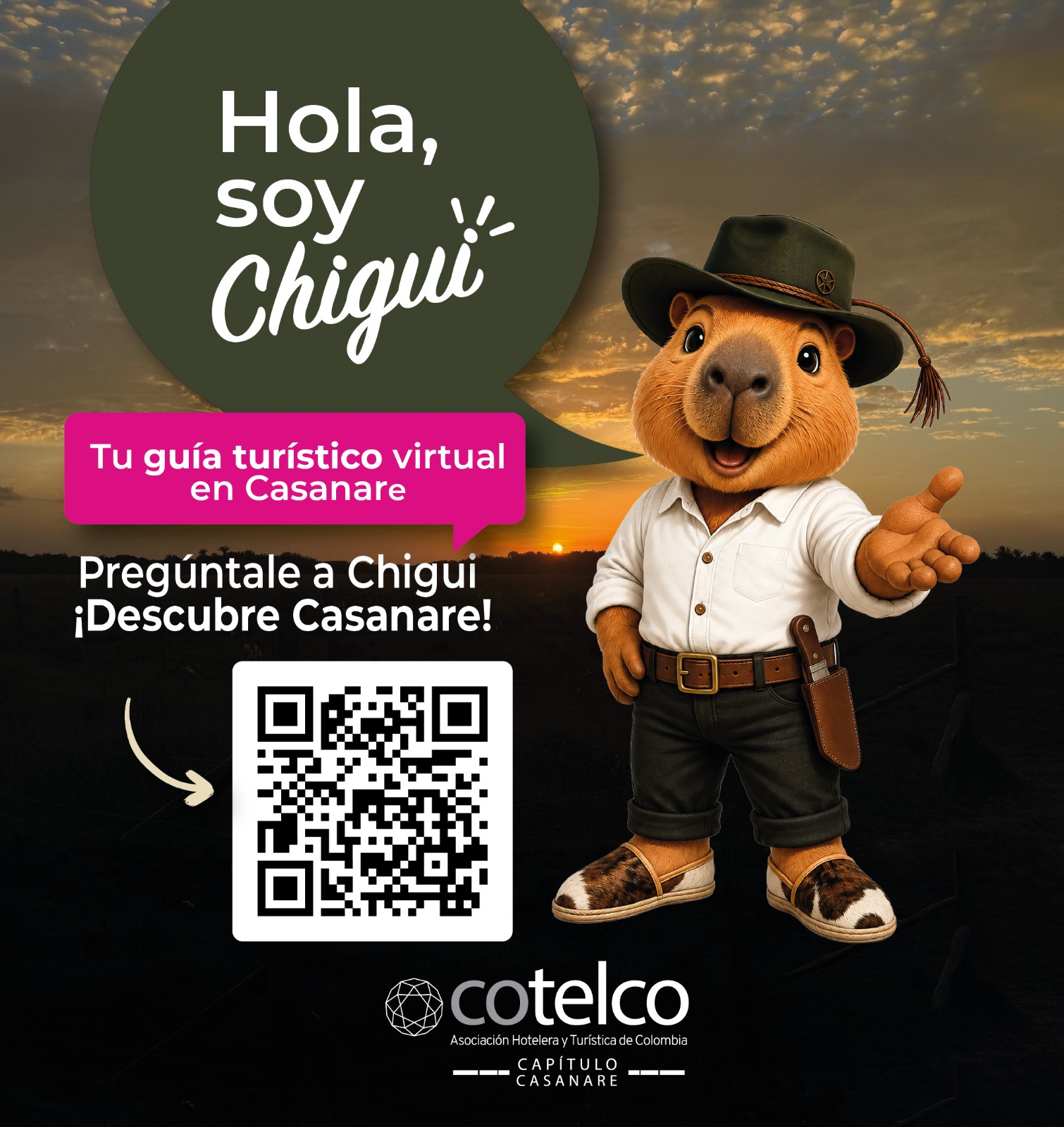 Chigui, guía turístico virtual de Cotelco Capítulo Casanare. Escanea el código QR y pregúntale a Chigui para descubrir Casanare.